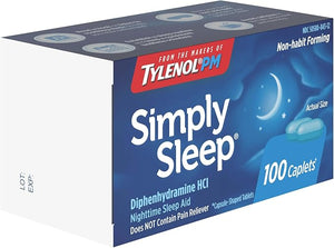 Tylenol Simply Sleep Nighttime Sleep Aid Caplets 100 Count – 25 mg Diphenhydramine HCl Non-Habit Forming Sleep Support for Adults