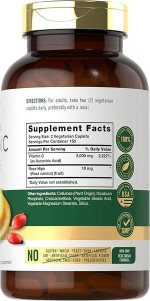 Carlyle Vitamin C 1000mg – High Strength, Immune & Antioxidant Support – Rose Hips – 300 Vegetarian Caplets – Non-GMO, Gluten Free