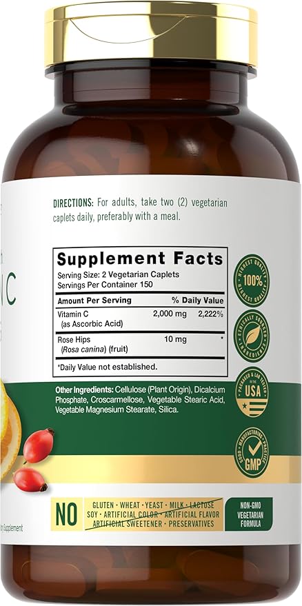 Carlyle Vitamin C 1000mg – High Strength, Immune & Antioxidant Support – Rose Hips – 300 Vegetarian Caplets – Non-GMO, Gluten Free