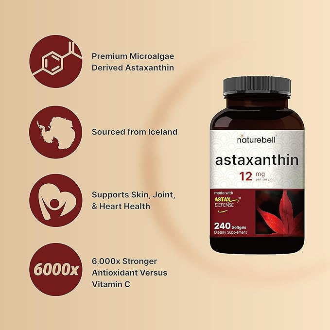 NatureBell Astaxanthin 12mg – Natural Microalgae Antioxidant for Skin, Eyes & Heart Health – Non-GMO, Gluten-Free – 240 Softgels (4 Month Supply)