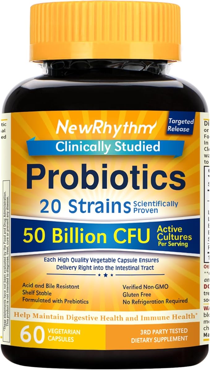NewRhythm Probiotics 50 Billion CFU – 20 Clinically Studied Strains + Prebiotic Fiber – Digestive, Immune & Gut Health – Non-GMO, Gluten-Free – 60 Veggie Capsules