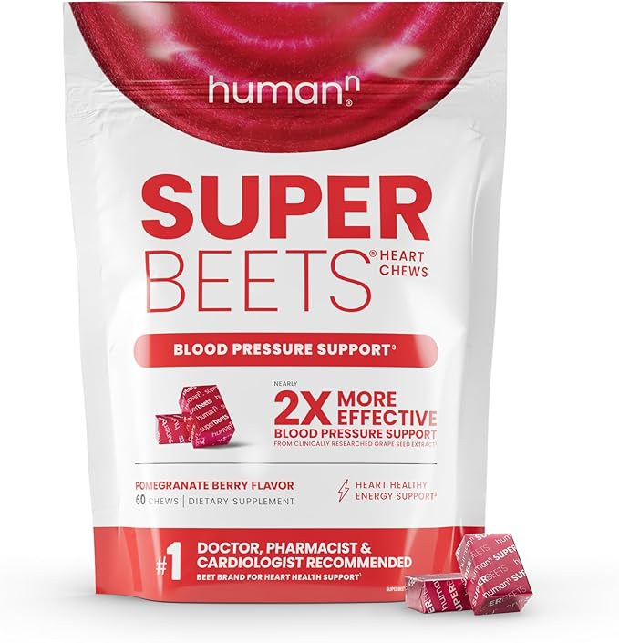 HumanN SuperBeets Heart Chews – Nitric Oxide & Blood Pressure Support, Pomegranate Berry Flavor, 60 Count