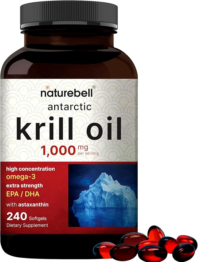 NatureBell Antarctic Krill Oil 1000mg – Omega-3 EPA, DHA & Astaxanthin – Heart, Joint & Brain Support – Non-GMO, Gluten-Free – 240 Softgels (Value Size)