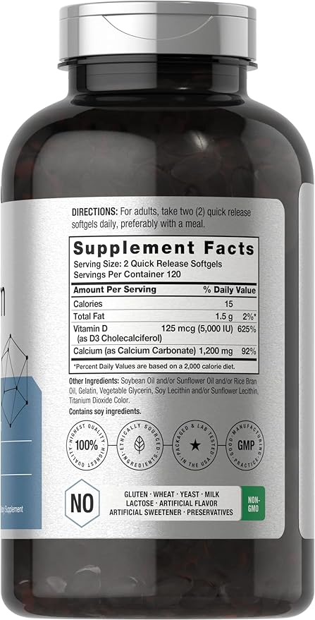 Horbäach Calcium 1200mg with Vitamin D3 5000 IU – Absorbable Bone Health Support – 240 Softgels