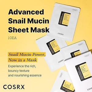 COSRX Snail Mucin Sheet Mask – 10-Pack Hydrating & Repairing Korean Face Masks for Dry, Sensitive Skin – Cruelty-Free, Paraben-Free, with Snail Mucin Serum
