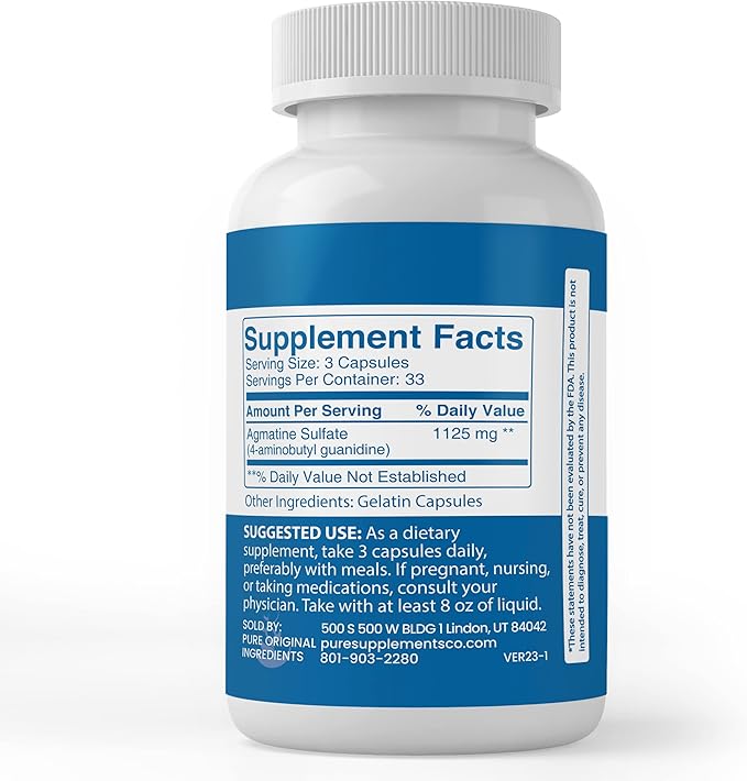 PURE ORIGINAL INGREDIENTS Agmatine Sulfate – 100 Capsules, Pure, No Additives, Lab Verified