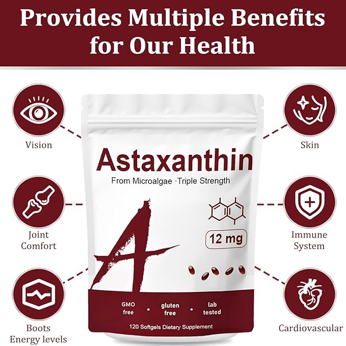 Astaxanthin 12mg – Premium Antioxidant for Immune, Skin, Eye & Joint Health – Non-GMO, Gluten-Free – 120 Softgels (4 Month Supply)