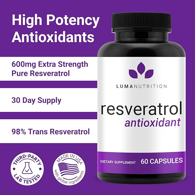 Luma Nutrition Resveratrol 600mg – 98% Trans-Resveratrol from Polygonum Root – Antioxidant & Anti-Aging Support – Vegan, Gluten-Free, Made in USA – 60 Capsules