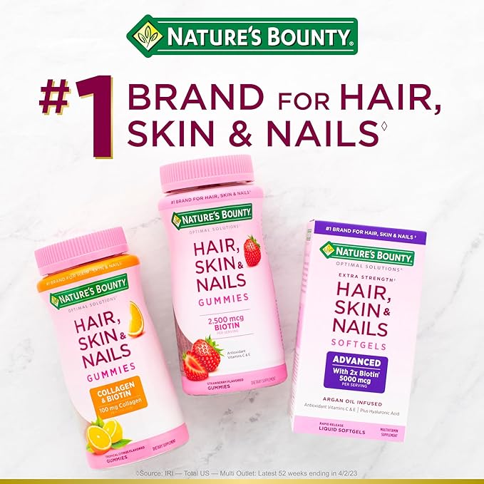 Nature’s Bounty Hair, Skin & Nails Caplets – 3000 mcg Biotin + Vitamins C & E – Hair Growth, Radiant Skin & Strong Nails – 60 Caplets