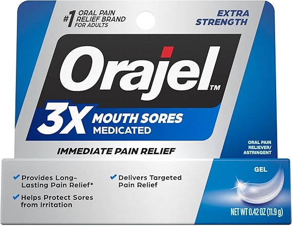 Orajel 3X Mouth Sore Gel – 20% Benzocaine – Maximum Strength Pain Relief – 0.42 oz Tube