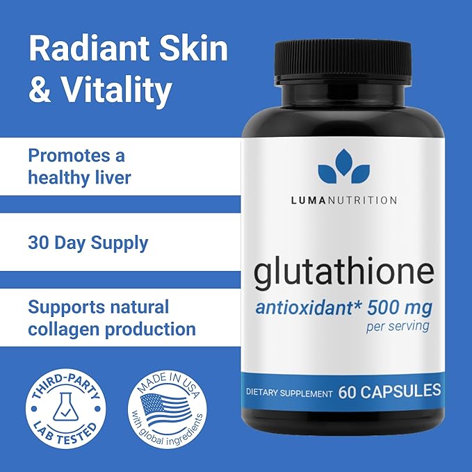 Premium Glutathione 500mg – Reduced L-Glutathione for Antioxidant & Liver Support – Non-GMO, Gluten-Free – 60 Capsules