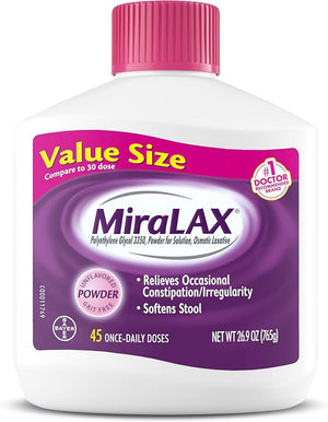 MiraLAX Laxative Powder – Gentle Constipation Relief with PEG 3350 – Stool Softener, 45 Doses – No Harsh Side Effects