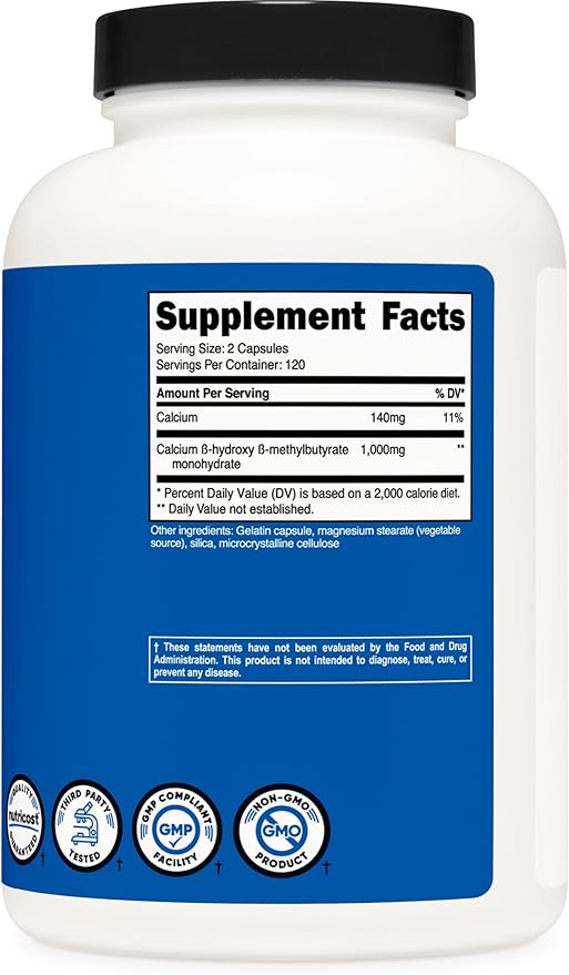 Nutricost HMB (Beta-Hydroxy Beta-Methylbutyrate) – 1000mg, 240 Capsules, 120 Servings, Gluten-Free, Non-GMO
