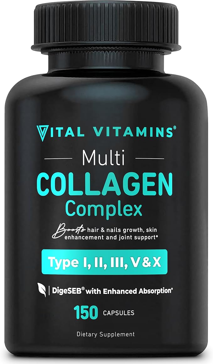 Vital Vitamins Multi Collagen Capsules – Types I, II, III, V, X – Grass-Fed Hydrolyzed Collagen for Hair, Skin, Nails & Joint Support – Non-GMO, Gluten-Free – 150 Count