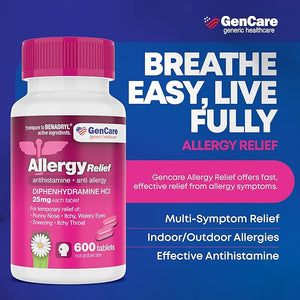 GenCare Allergy Relief Tablets 25 mg Diphenhydramine HCl – 600 Count Value Pack for Sneezing, Itchy Eyes, Runny Nose, and Indoor or Outdoor Allergies
