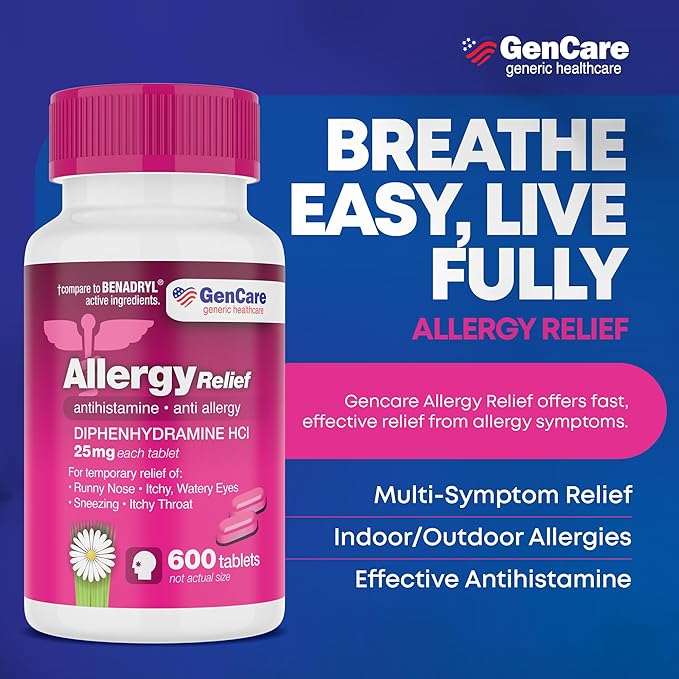 GenCare Allergy Relief Tablets 25 mg Diphenhydramine HCl – 600 Count Value Pack for Sneezing, Itchy Eyes, Runny Nose, and Indoor or Outdoor Allergies