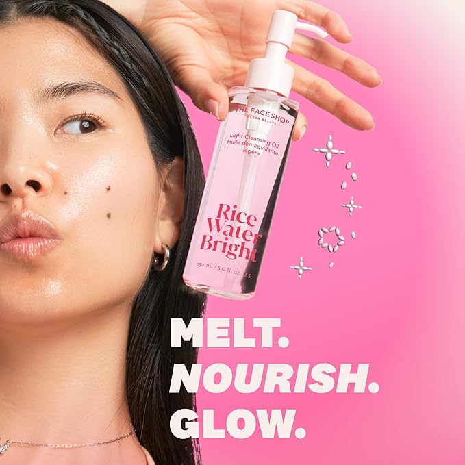 The Face Shop Rice Water Bright Light Facial Cleansing Oil – Vegan Korean Makeup Remover with Jojoba Oil – Brightening, Hydrating, Non-Greasy – 150ml