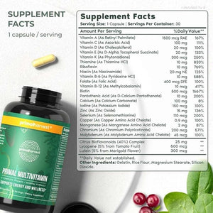 Primal Harvest Primal Multivitamin – Daily Energy, Immune & Beauty Support – 21 Vitamins & Minerals – 60 Capsules