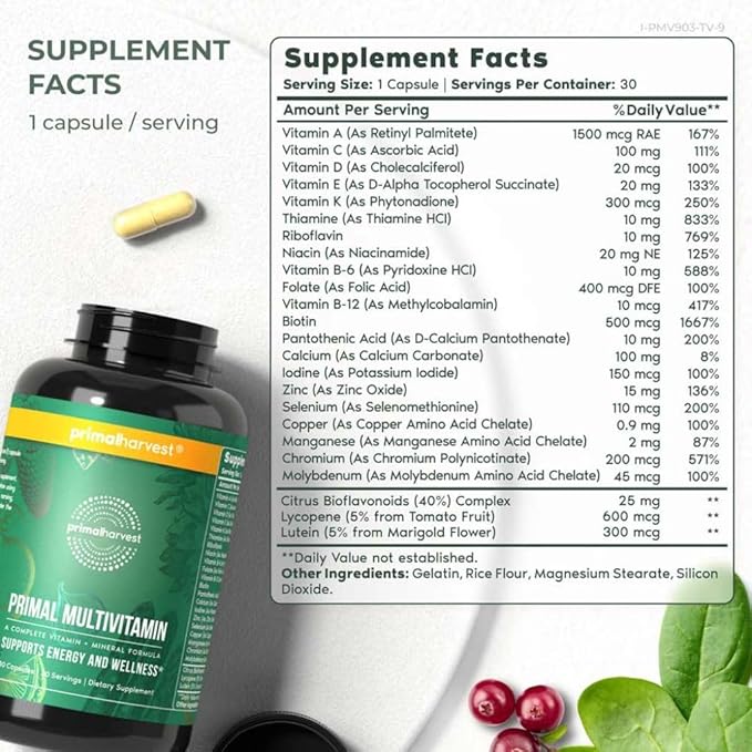 Primal Harvest Primal Multivitamin – Daily Energy, Immune & Beauty Support – 21 Vitamins & Minerals – 60 Capsules