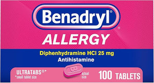 Benadryl Ultratabs Allergy Relief – 25 mg Diphenhydramine HCl – 100 Tablets for Sneezing, Runny Nose, & Itchy Eyes