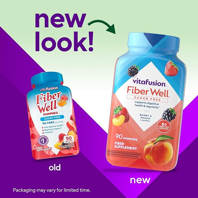 Vitafusion Fiber Well Gummies – Sugar Free Prebiotic Fiber for Adults – Digestive Support – Strawberry & Blackberry Flavors – Non-GMO, Gluten-Free – 90 Gummies