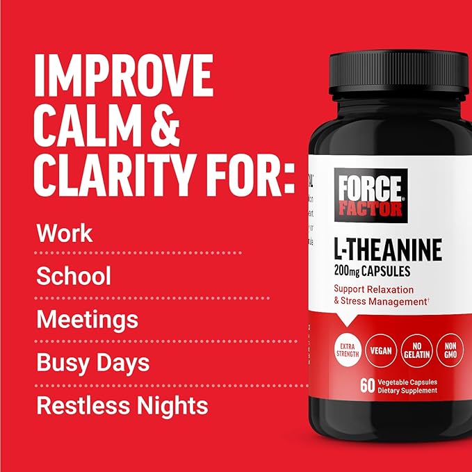 Force Factor L-Theanine 200mg – Extra Strength Stress Relief & Focus – Non-Drowsy, Vegan, Non-GMO, Made in USA – 60 Capsules