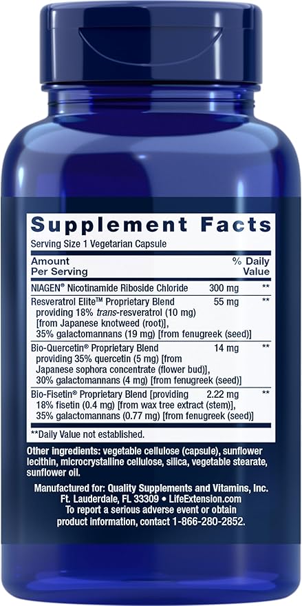Life Extension NAD+ Cell Regenerator with Resveratrol Elite – Nicotinamide Riboside, Trans-Resveratrol, Quercetin & Fisetin – Healthy Aging & Energy – 30 Vegetarian Capsules