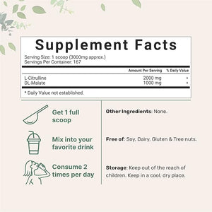 Pure L Citrulline Malate 2:1 Powder – 500 Grams, Filler-Free, Vegan, Unflavored