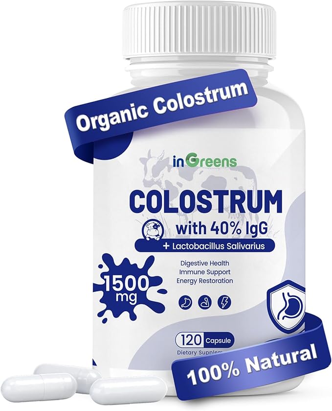 InGreens Organic Bovine Colostrum 1500mg – 40% IgG Grass-Fed Immune & Gut Health Support – Unflavored, Non-GMO, Gluten-Free – 120 Capsules – Made in USA