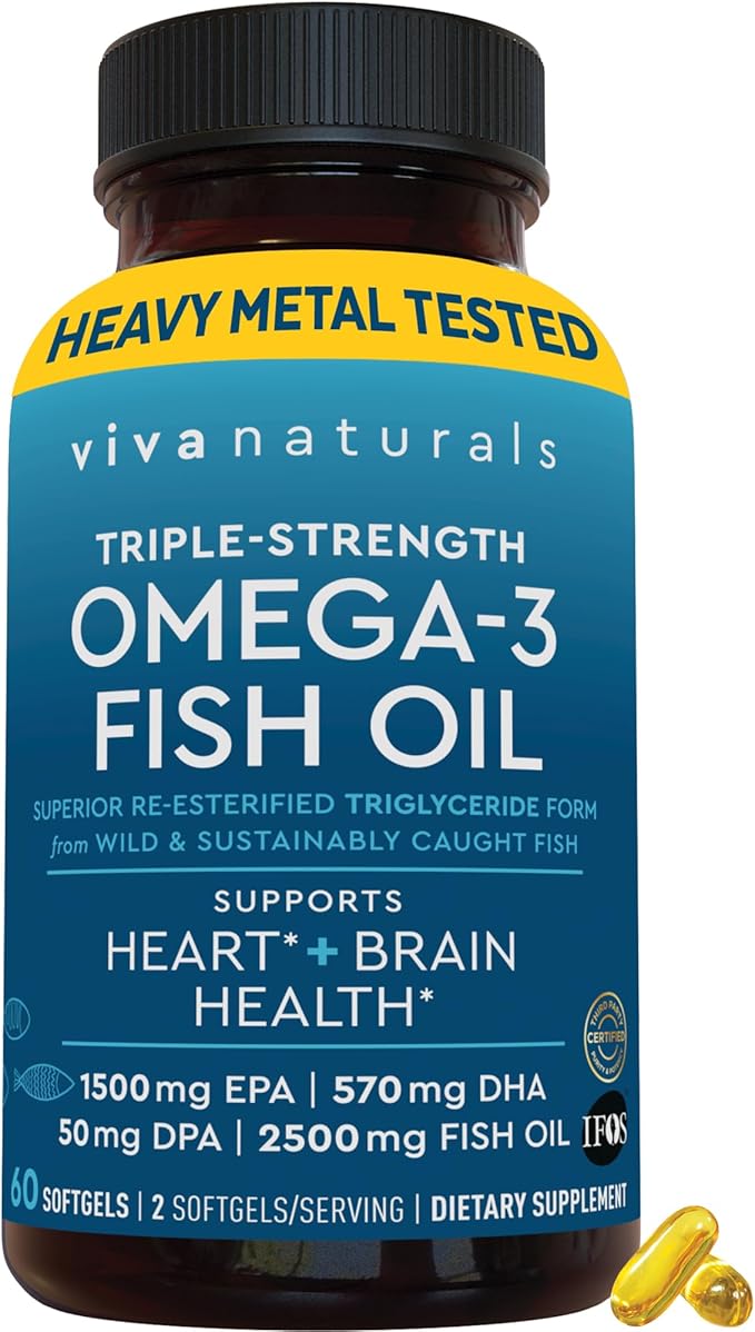 Viva Naturals Triple Strength Omega-3 Fish Oil 2500mg – High EPA, DHA & DPA – Re-Esterified Triglyceride – IFOS Certified, Non-GMO – 60 Softgels
