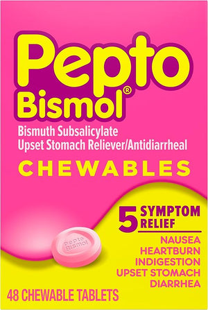 Pepto Bismol Chewable Tablets, 48 Count – Fast 5-Symptom Relief for Nausea, Heartburn, Indigestion & Diarrhea