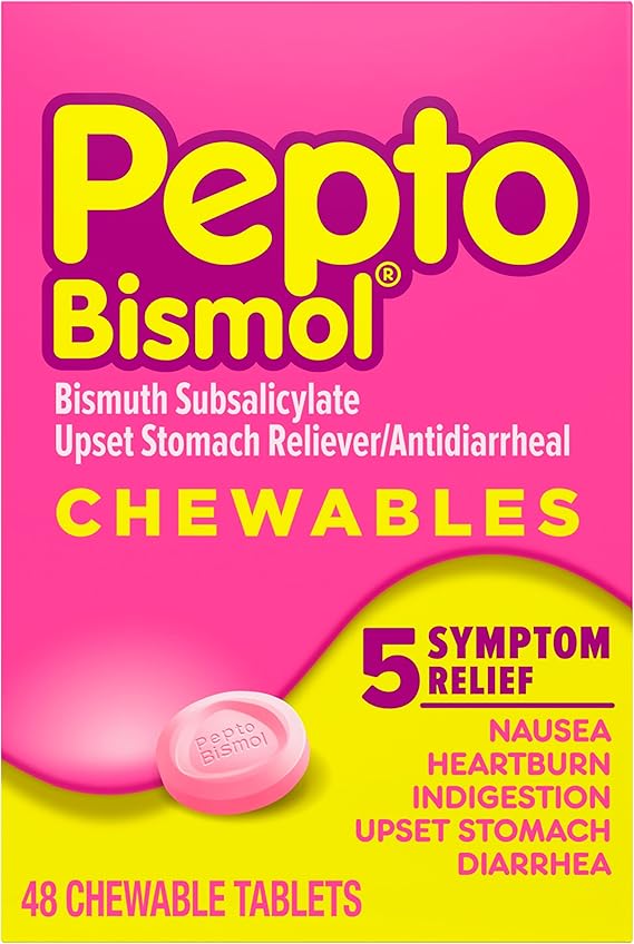 Pepto Bismol Chewable Tablets, 48 Count – Fast 5-Symptom Relief for Nausea, Heartburn, Indigestion & Diarrhea