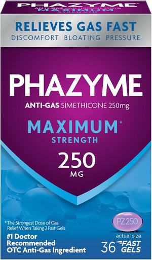 Phazyme Maximum Strength Gas and Bloating Relief Softgels – 250mg Simethicone – Fast-Acting Anti-Gas Medicine for Adults – 36 Count