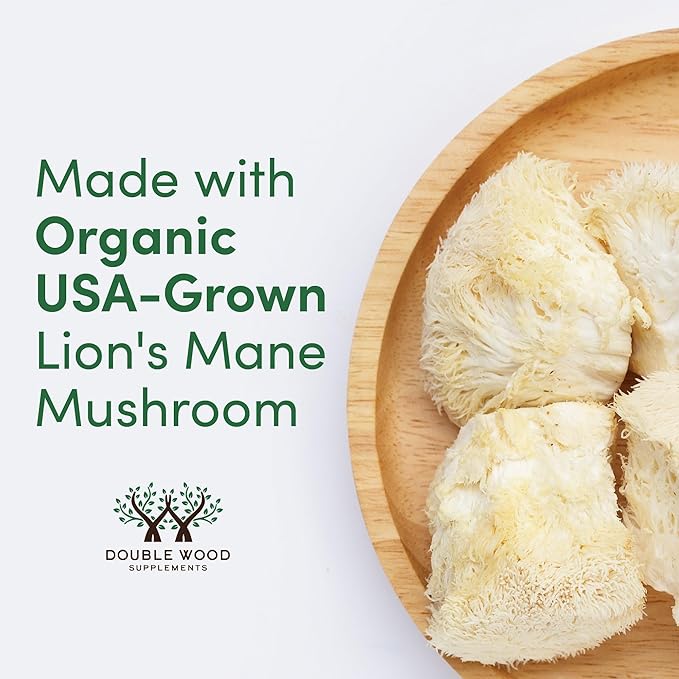 Double Wood Organic Lion’s Mane Mushroom – Brain, Memory & Immune Support – 120 Capsules – USA Grown, Third Party Tested