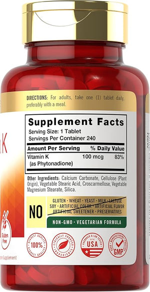 Carlyle Vitamin K 100mcg – Bone, Joint & Blood Clotting Support – 240 Vegetarian Tablets – Non-GMO, Gluten Free