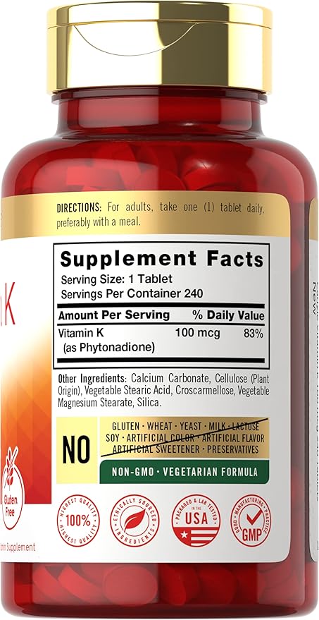 Carlyle Vitamin K 100mcg – Bone, Joint & Blood Clotting Support – 240 Vegetarian Tablets – Non-GMO, Gluten Free