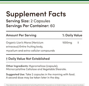 Double Wood Organic Lion’s Mane Mushroom – Brain, Memory & Immune Support – 120 Capsules – USA Grown, Third Party Tested