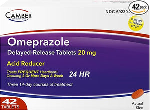 Camber Omeprazole 20mg Tablets (42 Count | 3 x 14-Day Courses) – Delayed-Release Acid Reducer for Frequent Heartburn & Acid Reflux Relief – 24-Hour Daily Antacid Treatment
