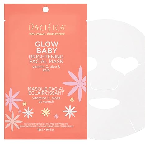 Pacifica Glow Baby Brightening Sheet Face Mask – Vitamin C, Aloe & Kelp – Vegan, Clean Beauty, Cooling Mask for Dark Spots & Fine Lines