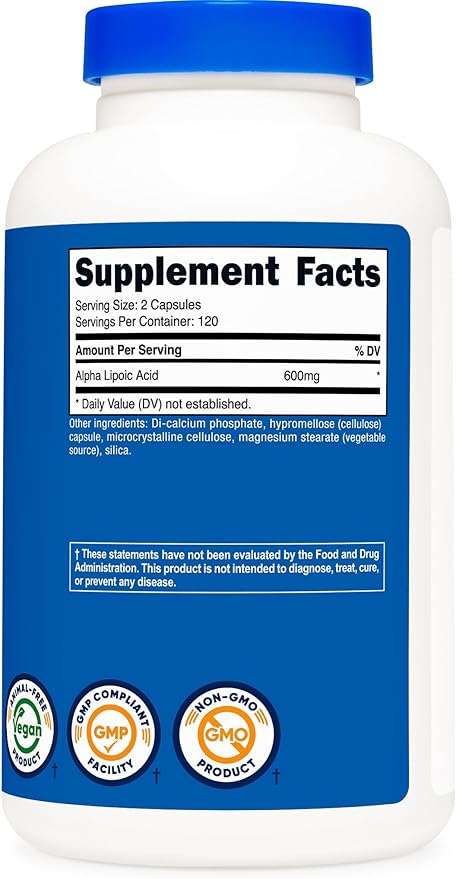 Nutricost Alpha Lipoic Acid 600mg – High Potency Antioxidant for Nerve, Energy & Metabolism – Non-GMO, Gluten-Free, Soy-Free, Vegetarian – 240 Capsules