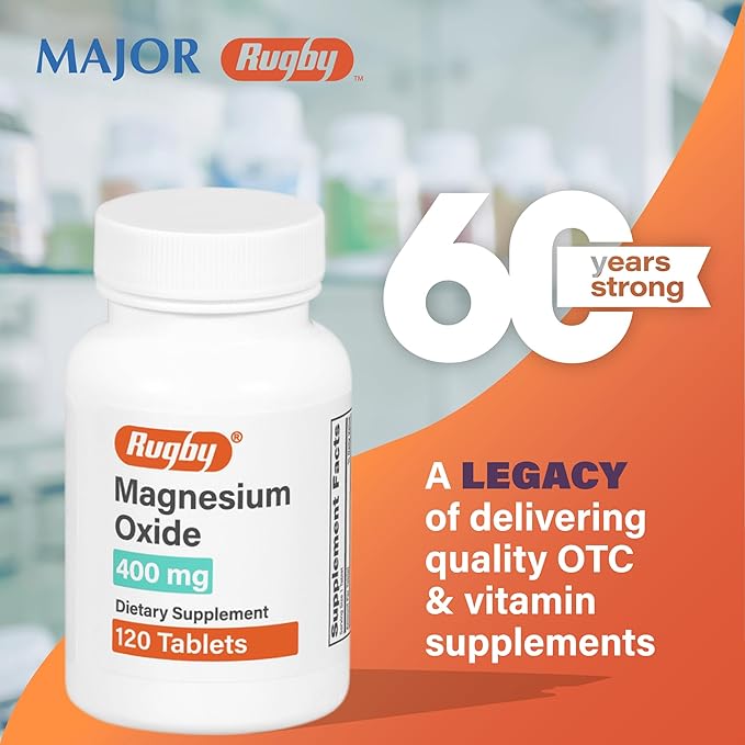 Rugby Magnesium Oxide 400mg Tablets Dietary Supplement for Muscle Nerve and Bone Support Gluten Free 120 Count