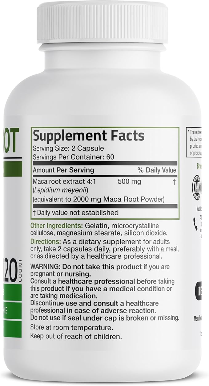 Bronson Maca Root Lepidium Meyenii 120 Vegetarian Capsules Non GMO Gluten Free Energy and Performance Support