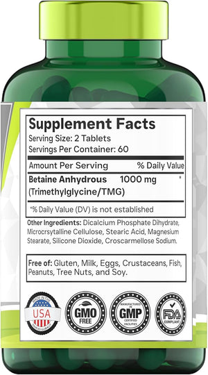 TMG Supplement 1000mg (Betaine Anhydrous) – 120 Tablets, Non-GMO, Made in USA, Homocysteine Support