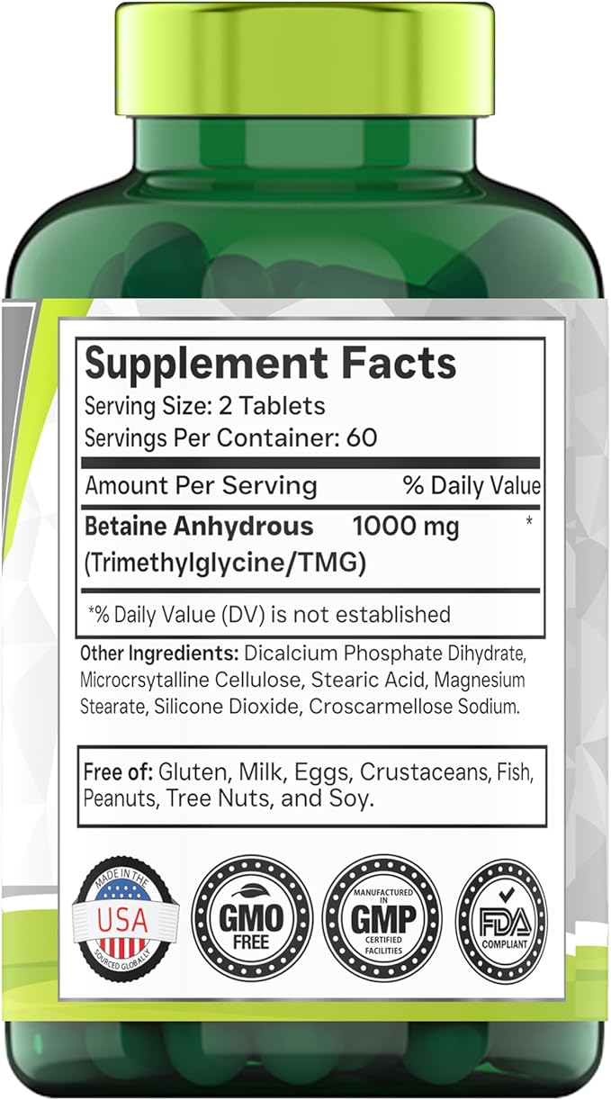 TMG Supplement 1000mg (Betaine Anhydrous) – 120 Tablets, Non-GMO, Made in USA, Homocysteine Support