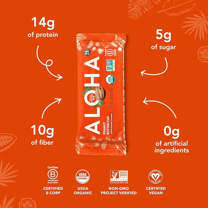 ALOHA Organic Plant Based Protein Bars – Peanut Butter Cup, Vegan, Low Sugar, Gluten-Free, 12 Bars