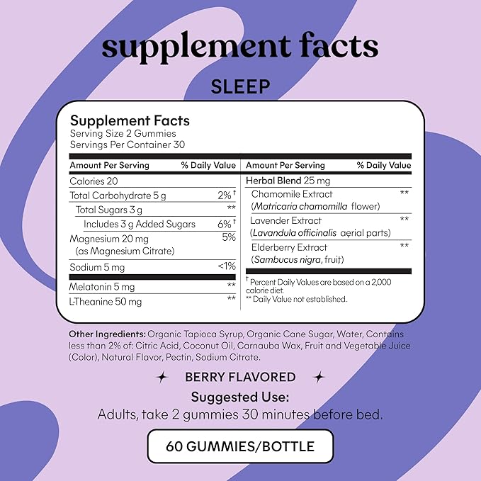 Lemme Sleep Gummies – 5mg Melatonin, Magnesium, Elderberry, Chamomile, Lavender & L-Theanine – Berry Flavor – Drug-Free Sleep Aid – 60 Gummies