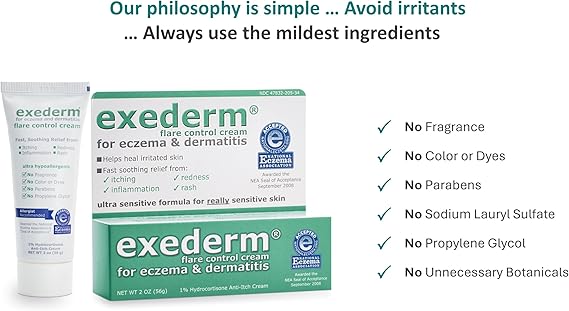 Exederm Flare Control Cream for Eczema & Dermatitis, 1% Hydrocortisone, Sensitive Skin Formula – 2 oz Tube