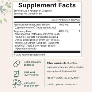 Maca Root Capsules 5000mg with Ashwagandha, Panax Ginseng, Tongkat Ali & Black Pepper – Energy, Mood & Hormone Balance – Non-GMO, Gluten-Free – 240 Veggie Capsules