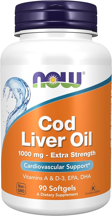 NOW Cod Liver Oil Extra Strength 1000mg with Vitamins A & D-3 – Omega-3 EPA & DHA – Cardiovascular & Immune Support – Non-GMO, Gluten-Free – 90 Softgels
