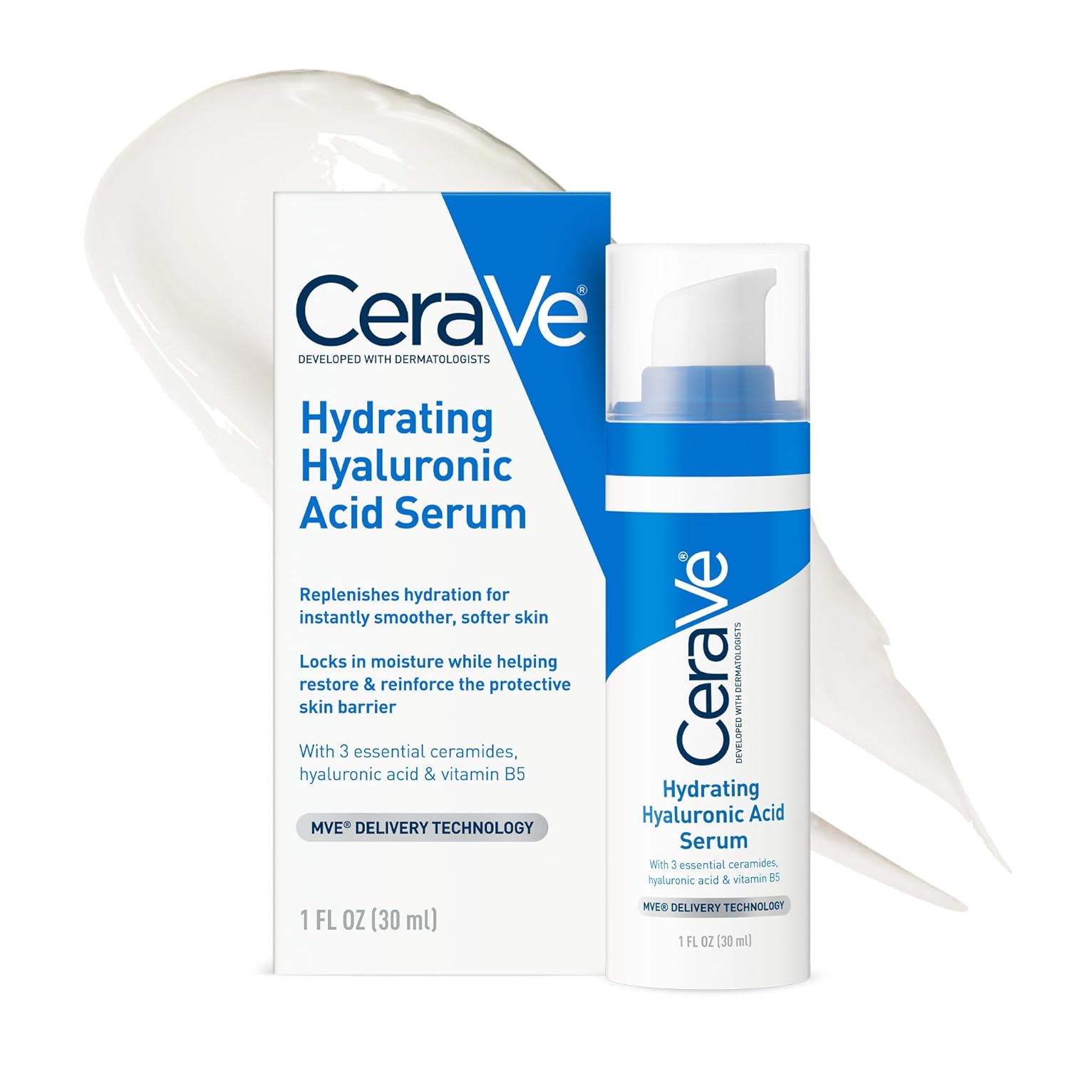 CeraVe Hyaluronic Acid Serum for Face with Vitamin B5 & Ceramides – Hydrating, Fragrance Free, Non-Comedogenic – 1 oz